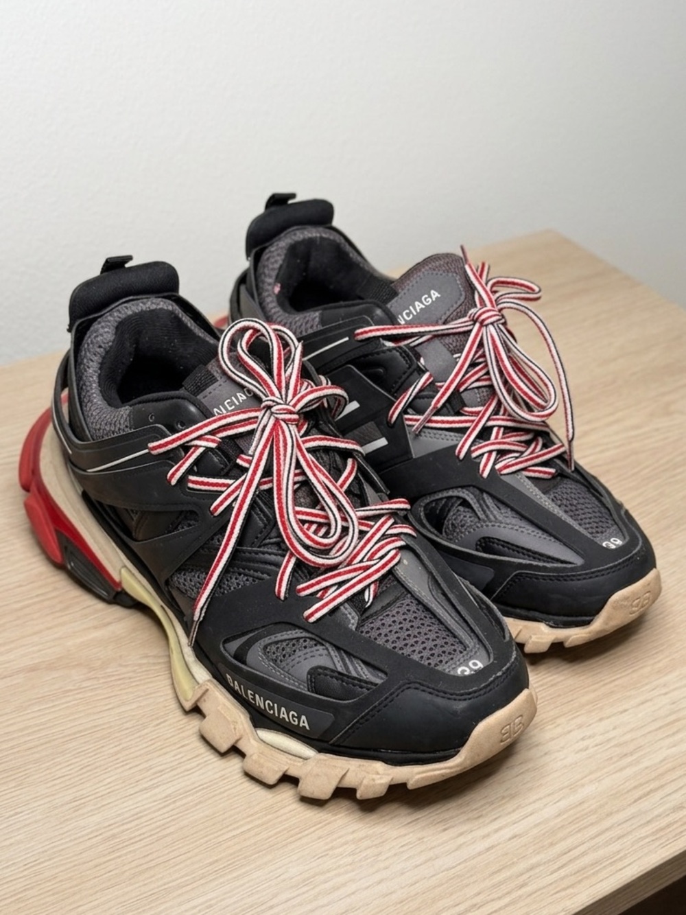 Balenciaga Black Track Sneakers with Red and Beige Accents